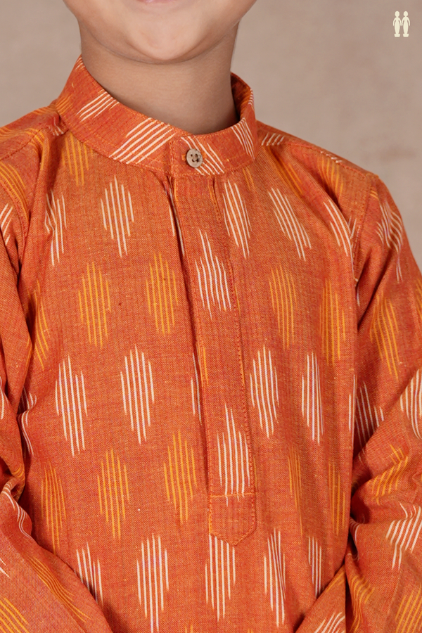 Chinese Collar Ikat Buttas Orange Cotton Long Kurta