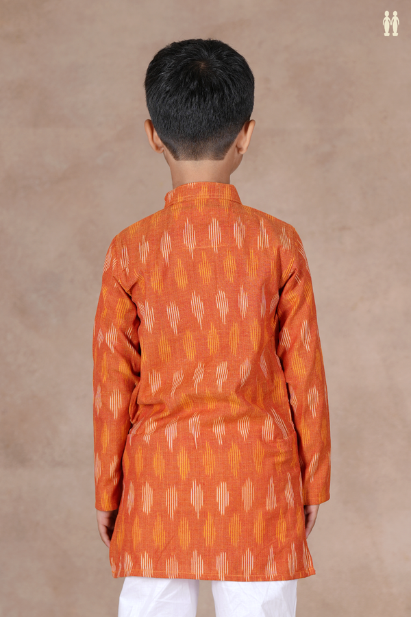 Chinese Collar Ikat Buttas Orange Cotton Long Kurta