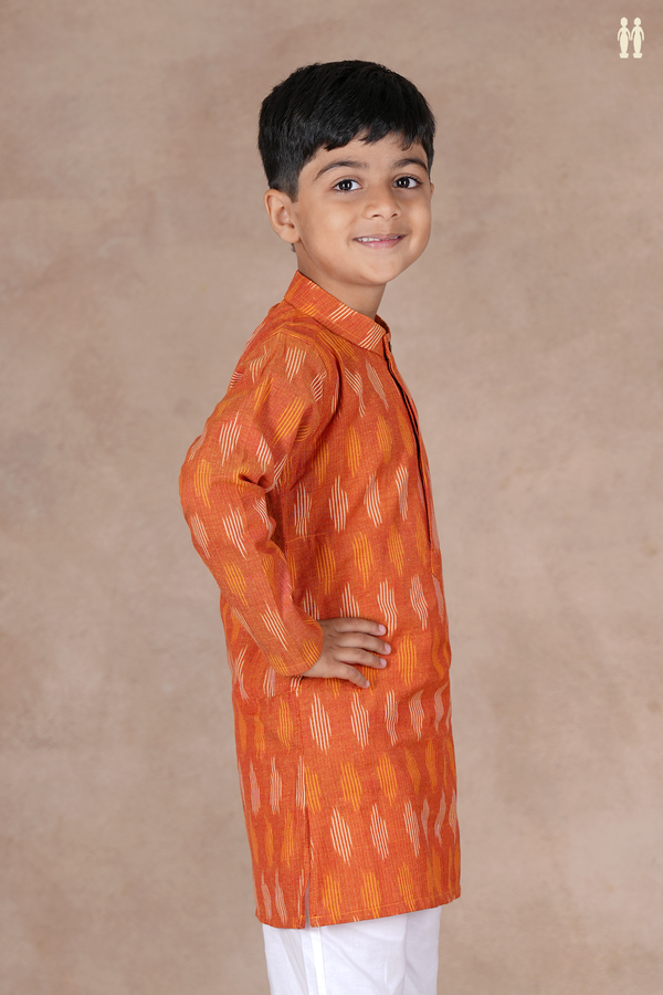 Chinese Collar Ikat Buttas Orange Cotton Long Kurta