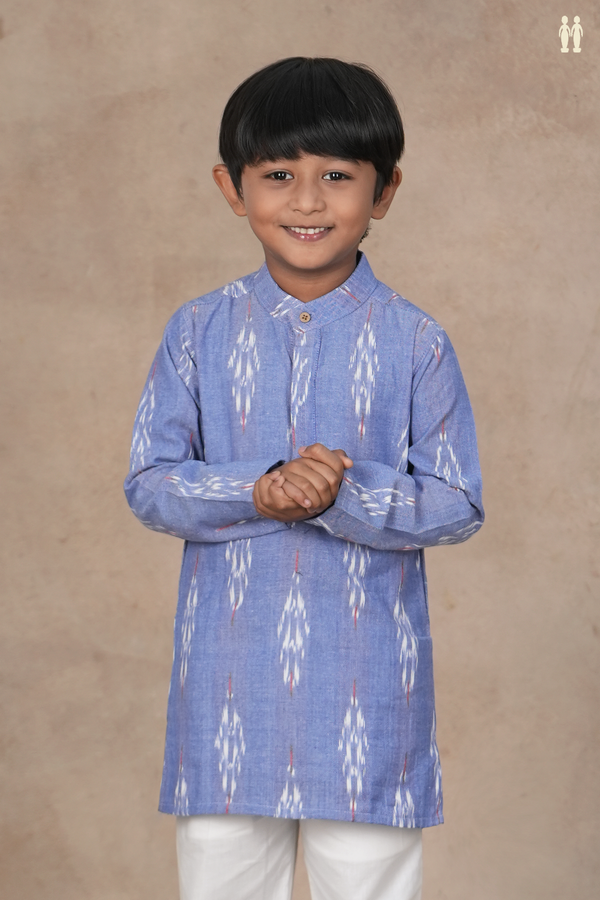 Chinese Collar Printed Design Misty Blue Cotton Long Kurta