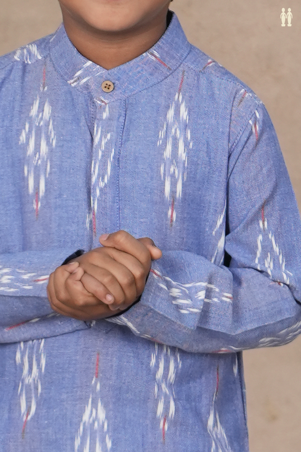 Chinese Collar Printed Design Misty Blue Cotton Long Kurta
