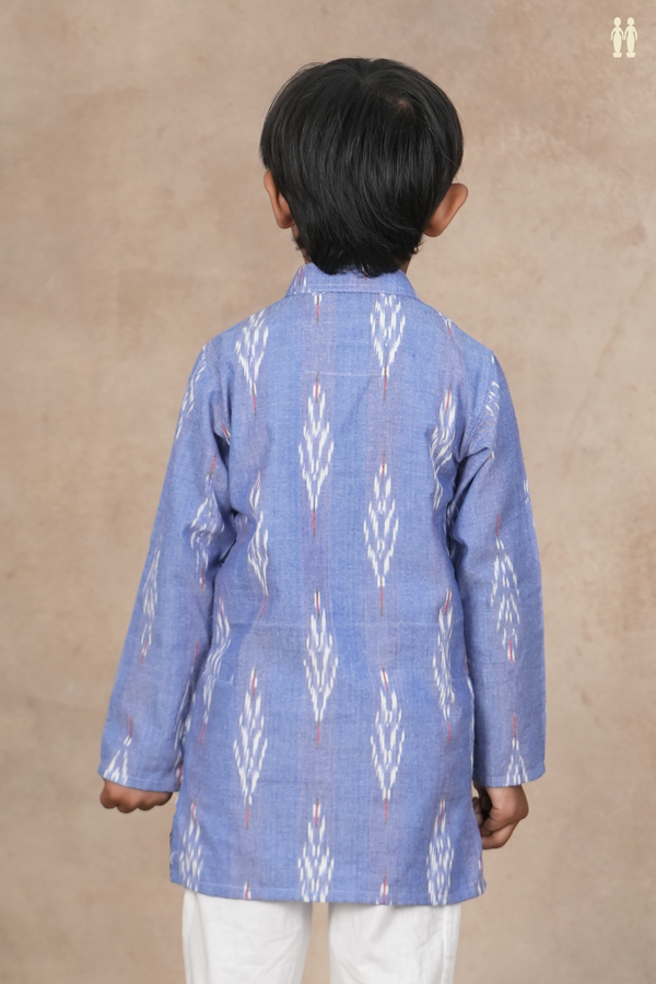 Chinese Collar Printed Design Misty Blue Cotton Long Kurta
