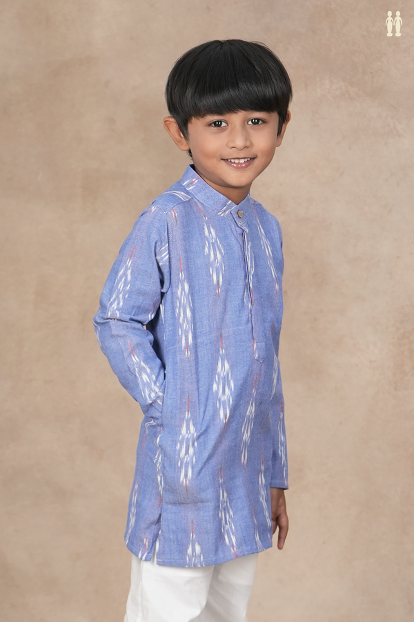 Chinese Collar Printed Design Misty Blue Cotton Long Kurta