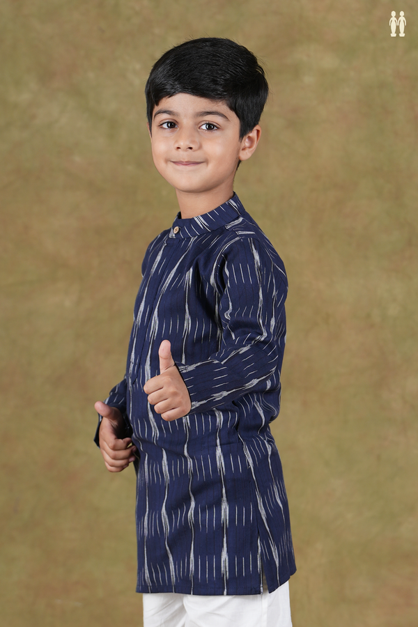 Chinese Collar Ikat Design Navy Blue Cotton Long Kurta