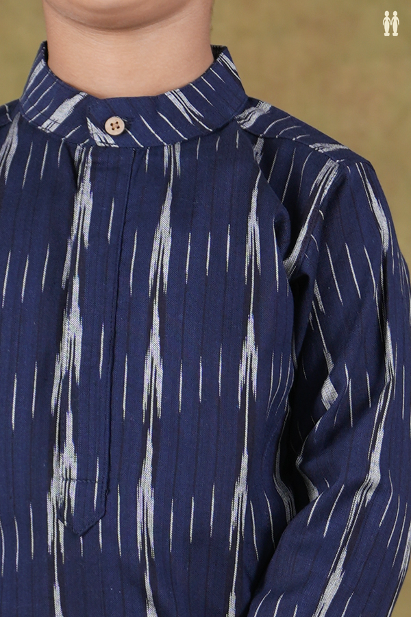 Chinese Collar Ikat Design Navy Blue Cotton Long Kurta