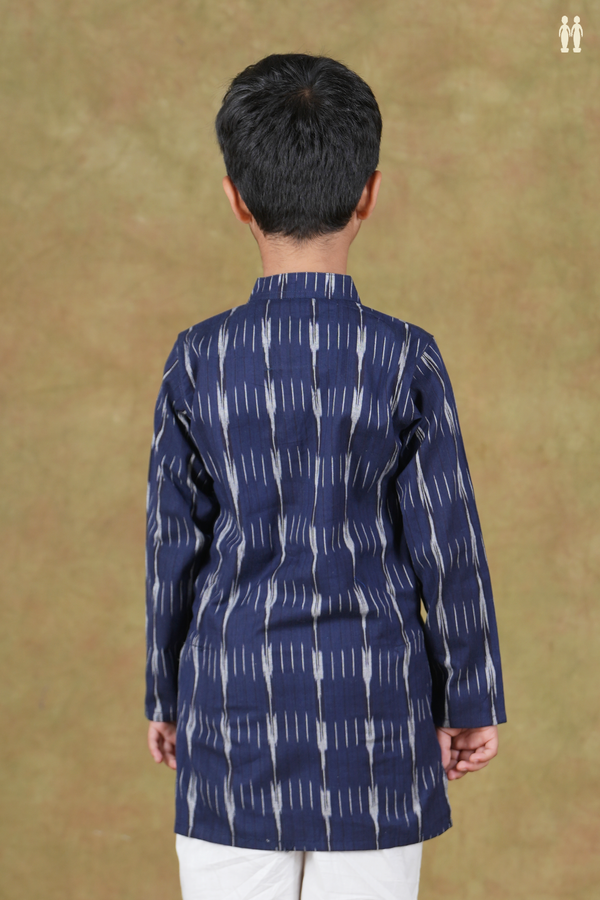 Chinese Collar Ikat Design Navy Blue Cotton Long Kurta