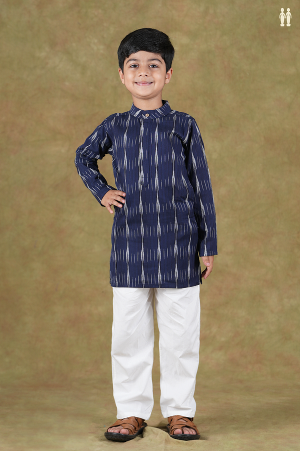 Chinese Collar Ikat Design Navy Blue Cotton Long Kurta