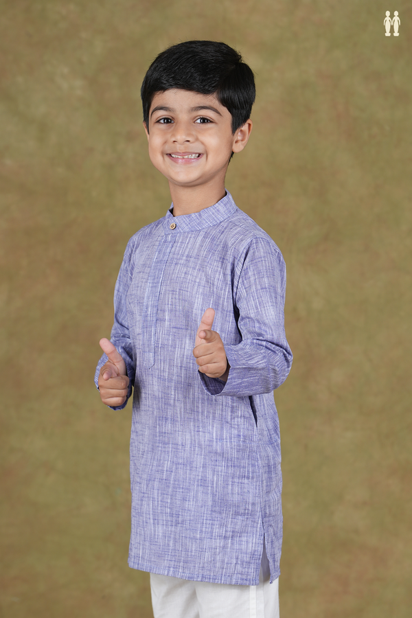Chinese Collar Plain Light Purple Blue Cotton Long Kurta