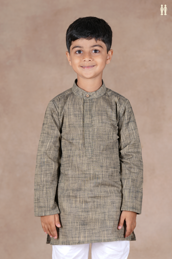 Chinese Collar Plain Dusty Olive Cotton Long Kurta
