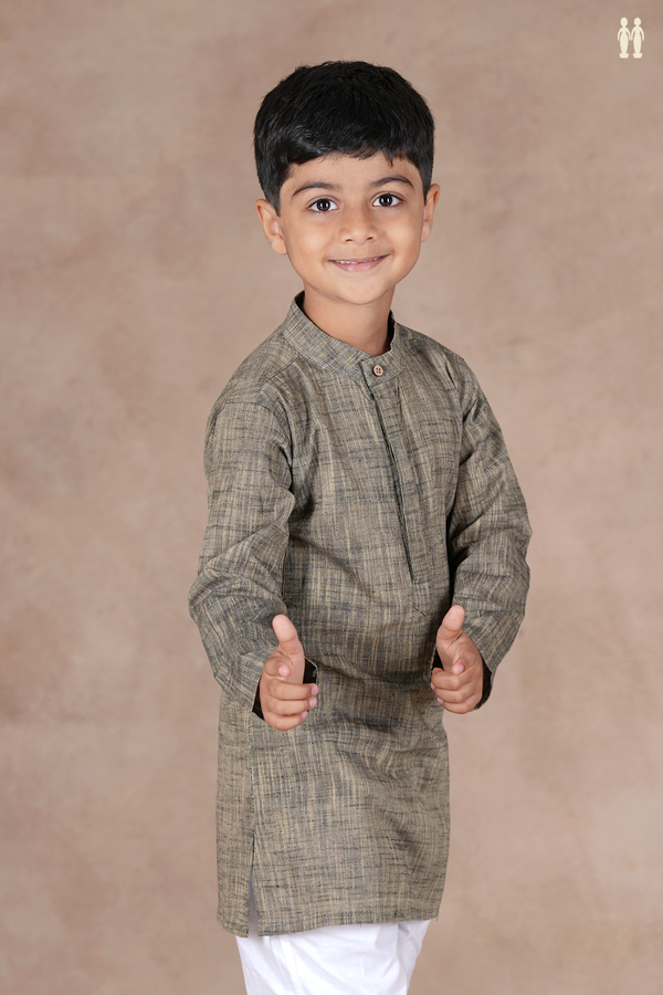 Chinese Collar Plain Dusty Olive Cotton Long Kurta