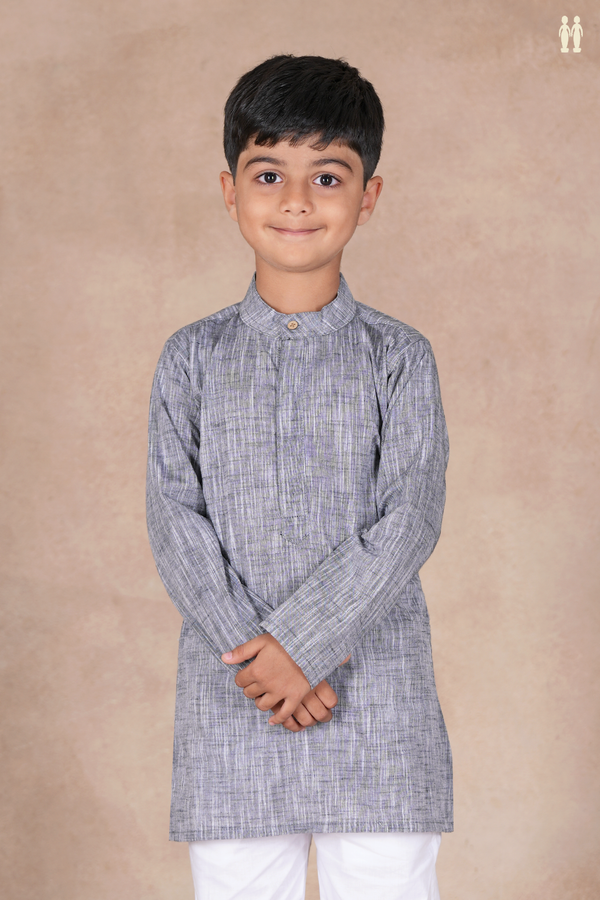 Chinese Collar Plain Grey Cotton Long Kurta