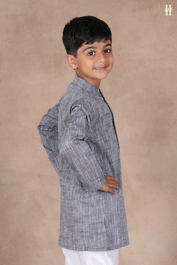 Chinese Collar Plain Grey Cotton Long Kurta