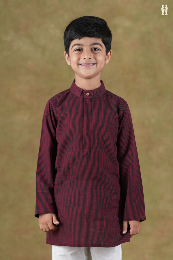 Chinese Collar Stripes Black And Red Cotton Long Kurta