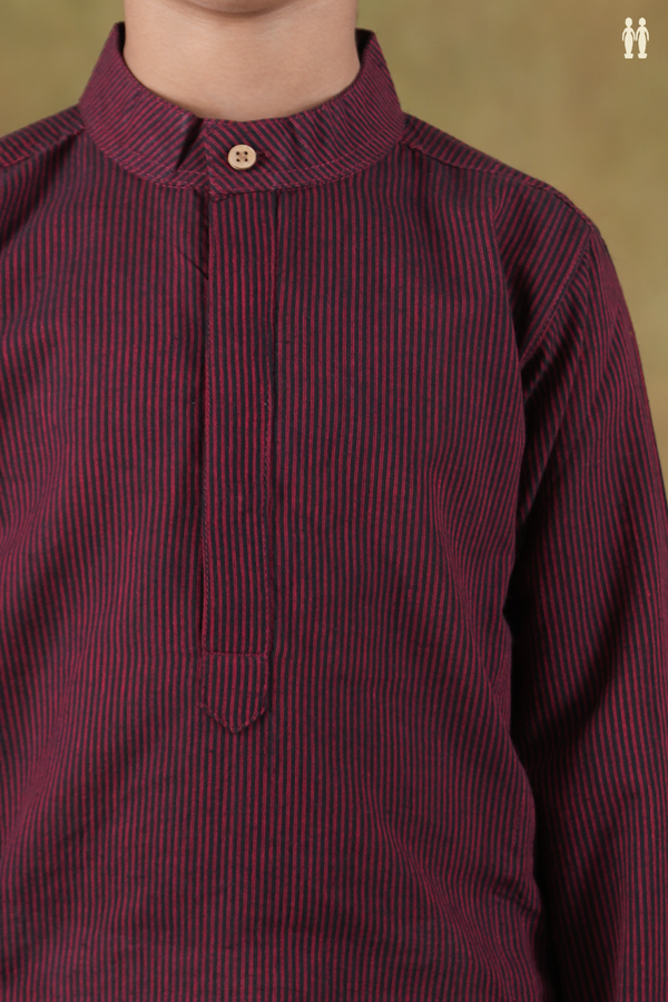 Chinese Collar Stripes Black And Red Cotton Long Kurta