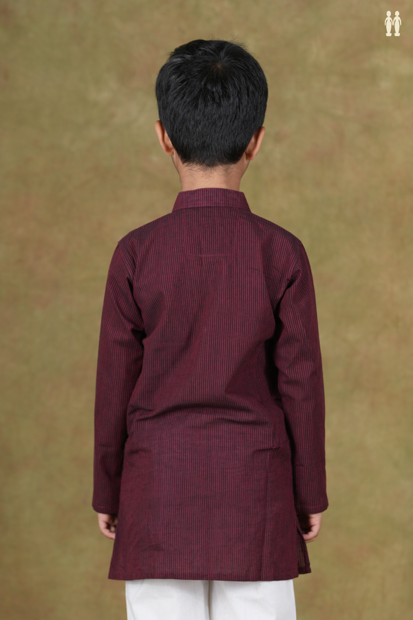 Chinese Collar Stripes Black And Red Cotton Long Kurta