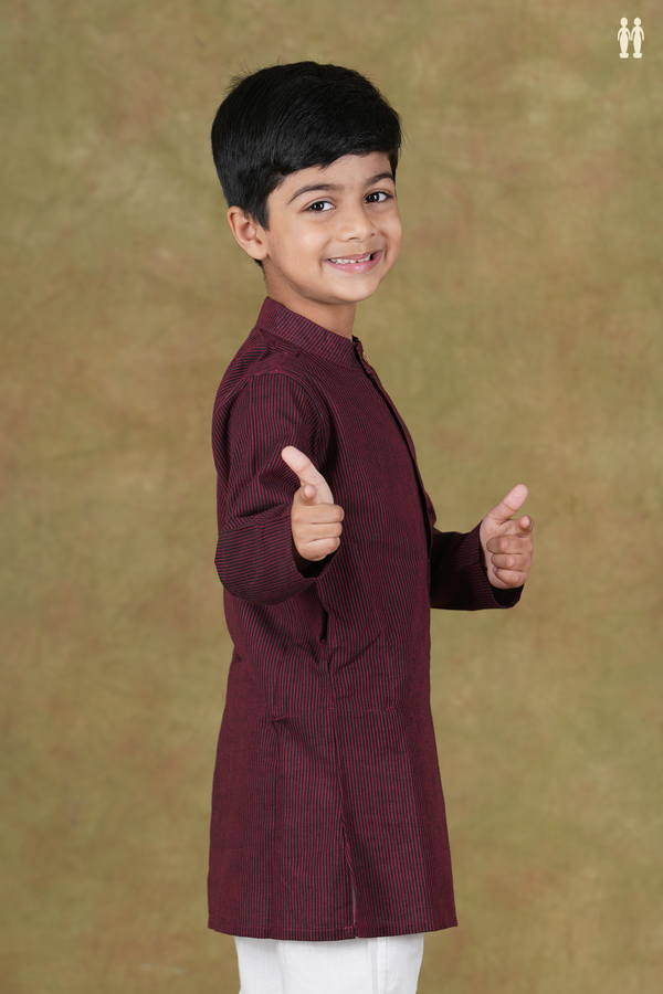 Chinese Collar Stripes Black And Red Cotton Long Kurta