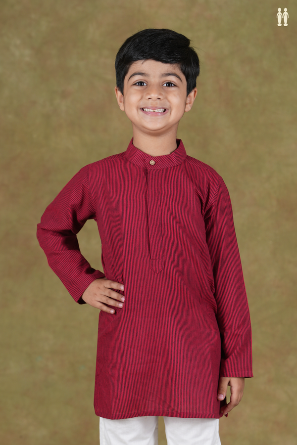 Chinese Collar Stripes Design Red Cotton Long Kurta