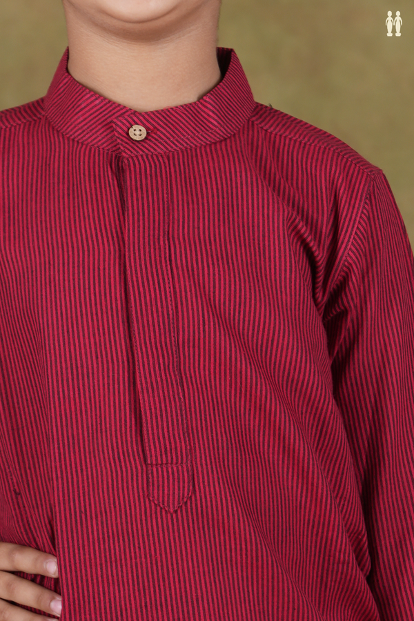 Chinese Collar Stripes Design Red Cotton Long Kurta