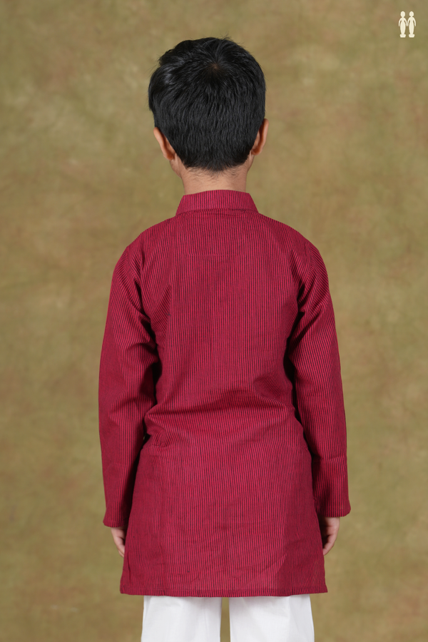 Chinese Collar Stripes Design Red Cotton Long Kurta