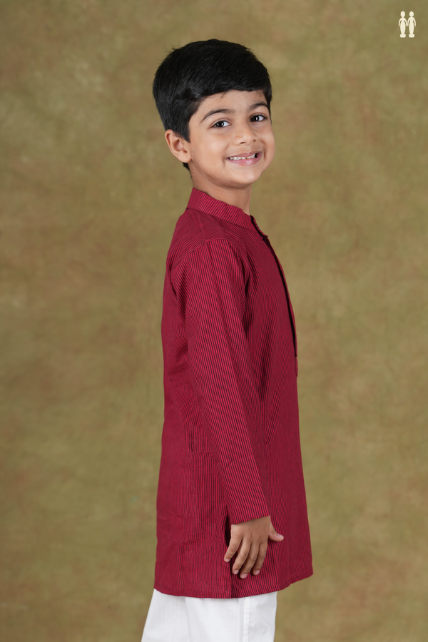 Chinese Collar Stripes Design Red Cotton Long Kurta