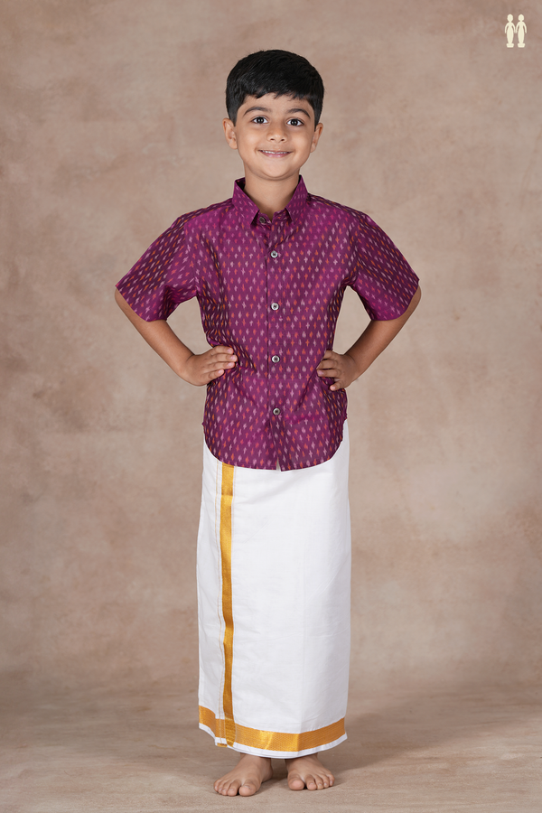 Regular Collar Ikat Design Purple Pochampally Silk Shirt