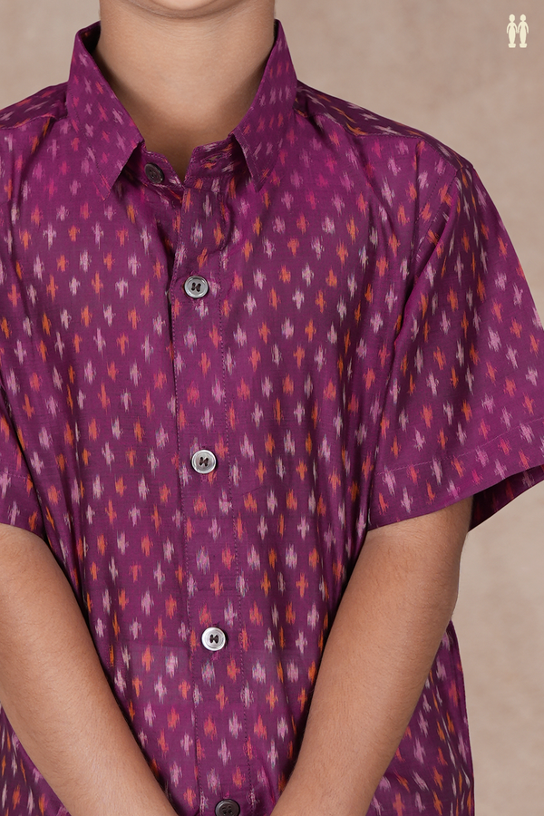Regular Collar Ikat Design Purple Pochampally Silk Shirt