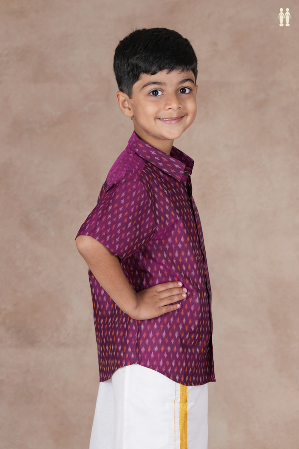 Regular Collar Ikat Design Purple Pochampally Silk Shirt
