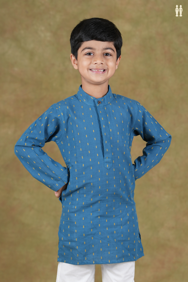 Chinese Collar Threadwork Buttis Blue Cotton Long Kurta
