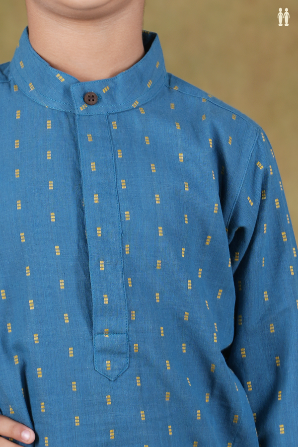 Chinese Collar Threadwork Buttis Blue Cotton Long Kurta
