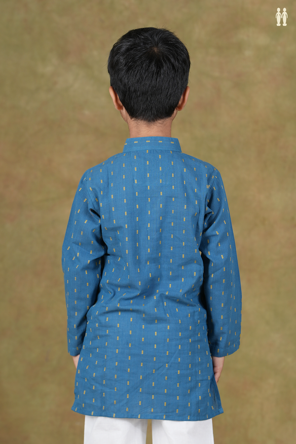 Chinese Collar Threadwork Buttis Blue Cotton Long Kurta