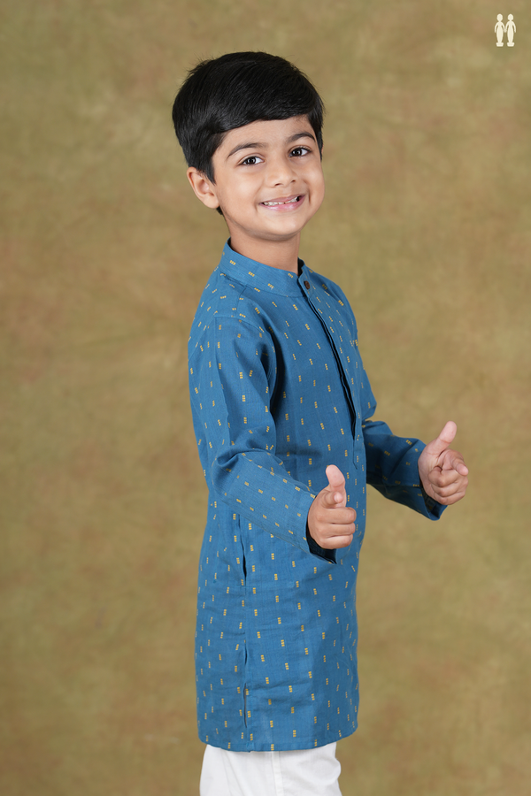Chinese Collar Threadwork Buttis Blue Cotton Long Kurta