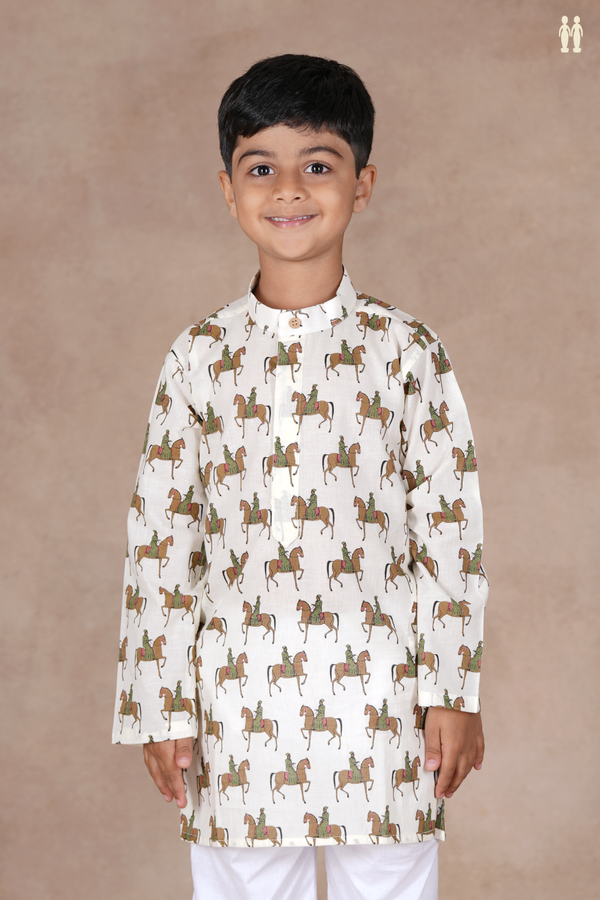 Chinese Collar Printed Design White Cotton Long Kurta
