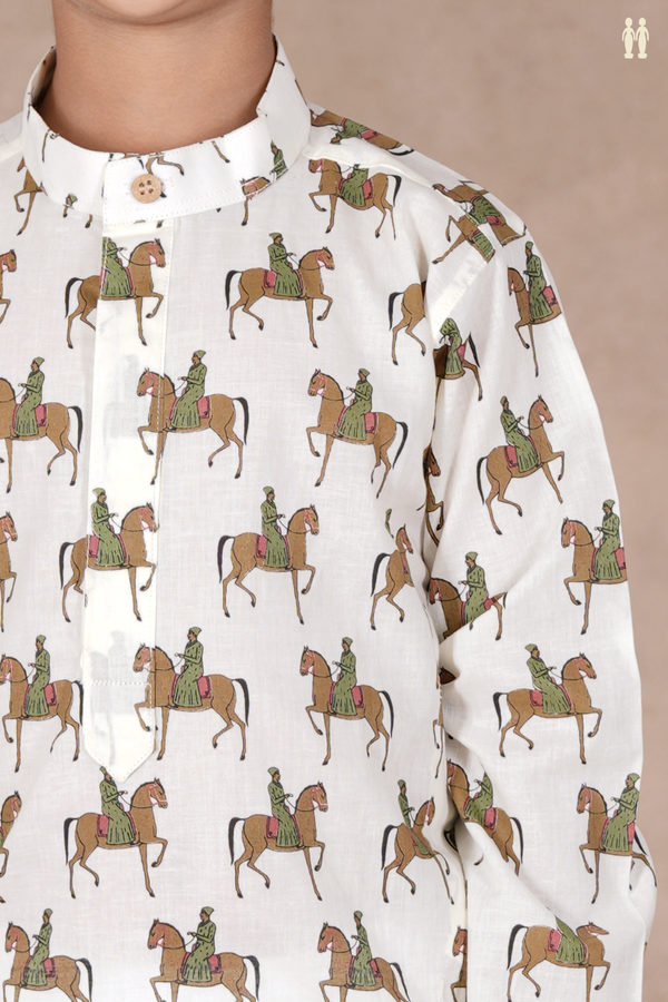 Chinese Collar Printed Design White Cotton Long Kurta