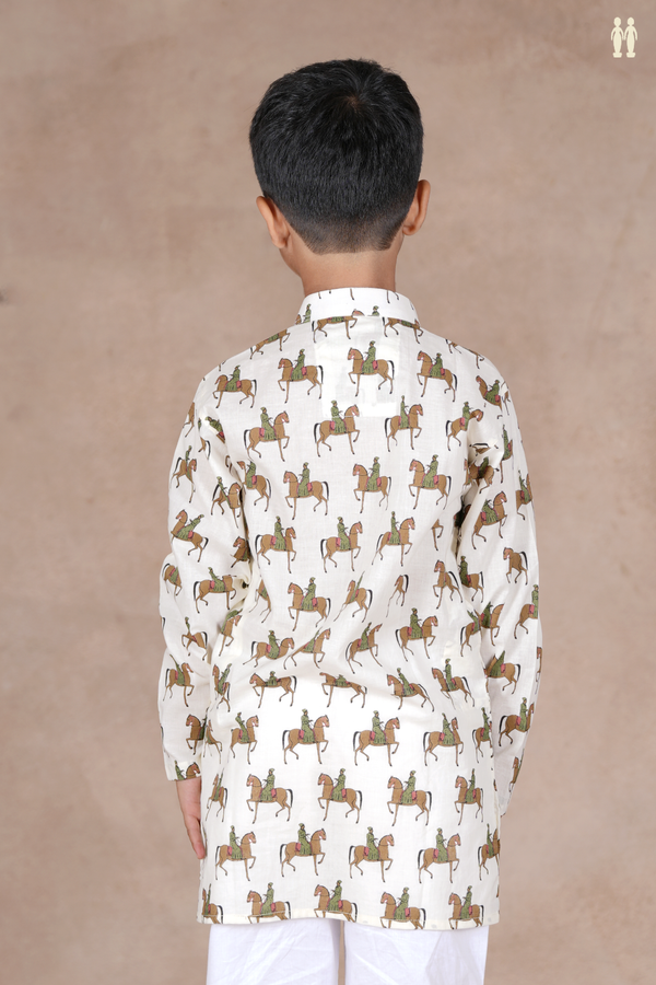 Chinese Collar Printed Design White Cotton Long Kurta