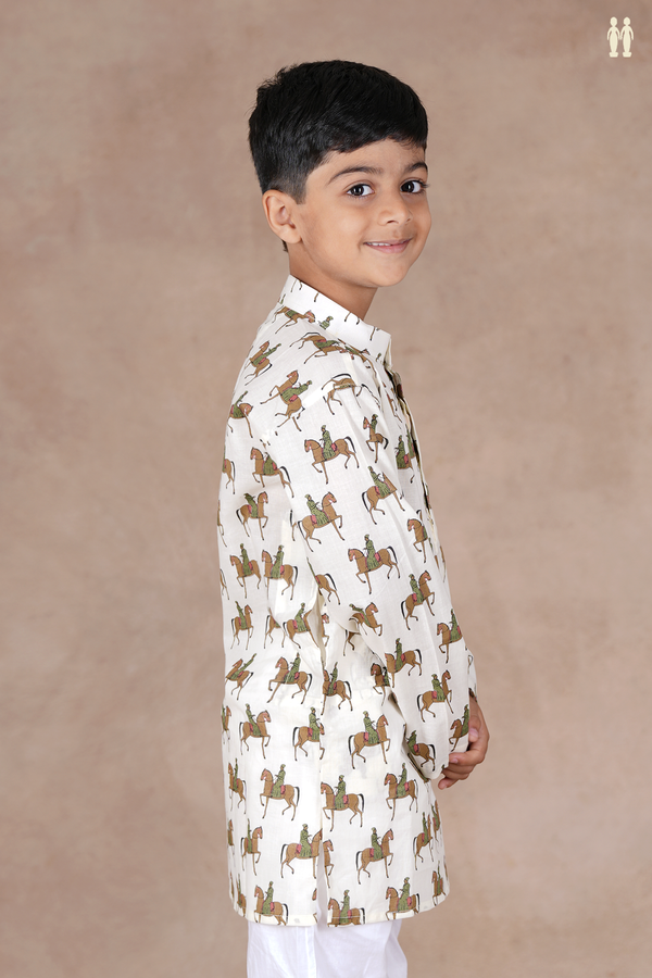 Chinese Collar Printed Design White Cotton Long Kurta