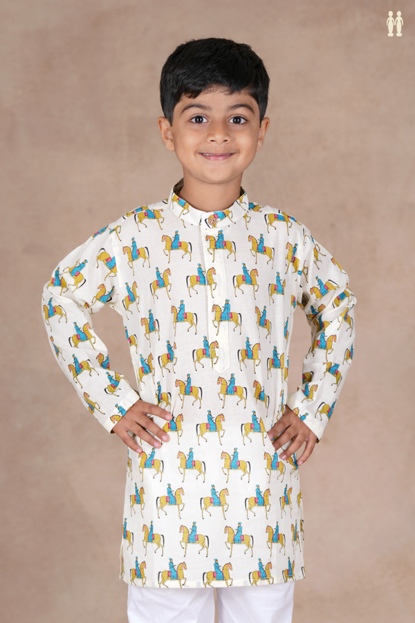 Chinese Collar Printed Design White Cotton Long Kurta
