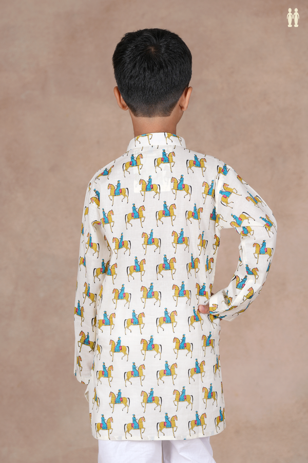 Chinese Collar Printed Design White Cotton Long Kurta