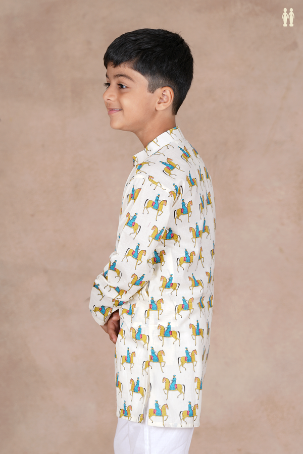 Chinese Collar Printed Design White Cotton Long Kurta