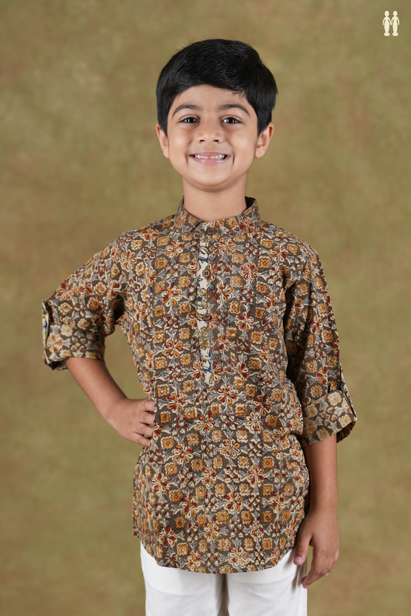 Chinese Collar Floral Design Green Cotton Kalamkari Kurta