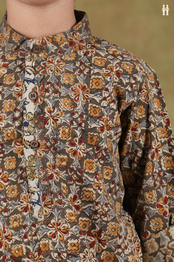 Chinese Collar Floral Design Green Cotton Kalamkari Kurta