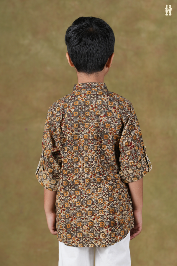Chinese Collar Floral Design Green Cotton Kalamkari Kurta