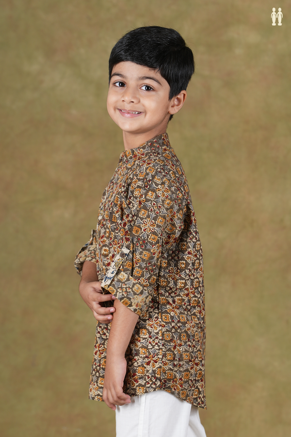 Chinese Collar Floral Design Green Cotton Kalamkari Kurta