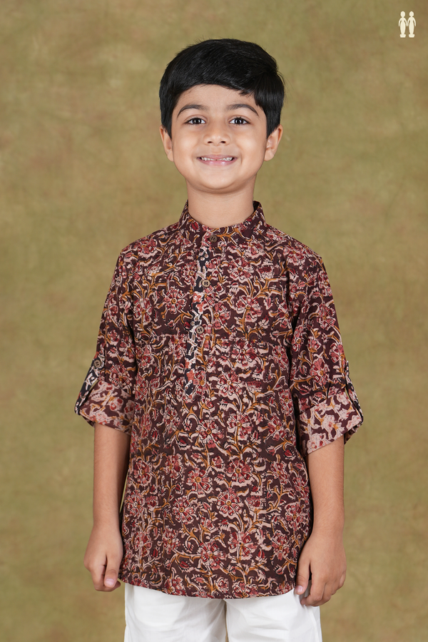 Chinese Collar Floral Design Brown Cotton Kalamkari Kurta