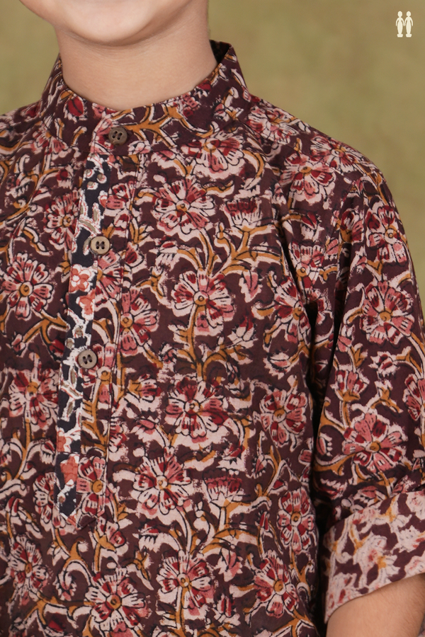 Chinese Collar Floral Design Brown Cotton Kalamkari Kurta