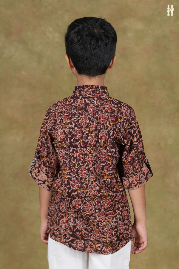Chinese Collar Floral Design Brown Cotton Kalamkari Kurta