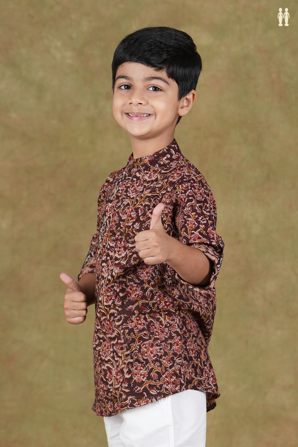 Chinese Collar Floral Design Brown Cotton Kalamkari Kurta