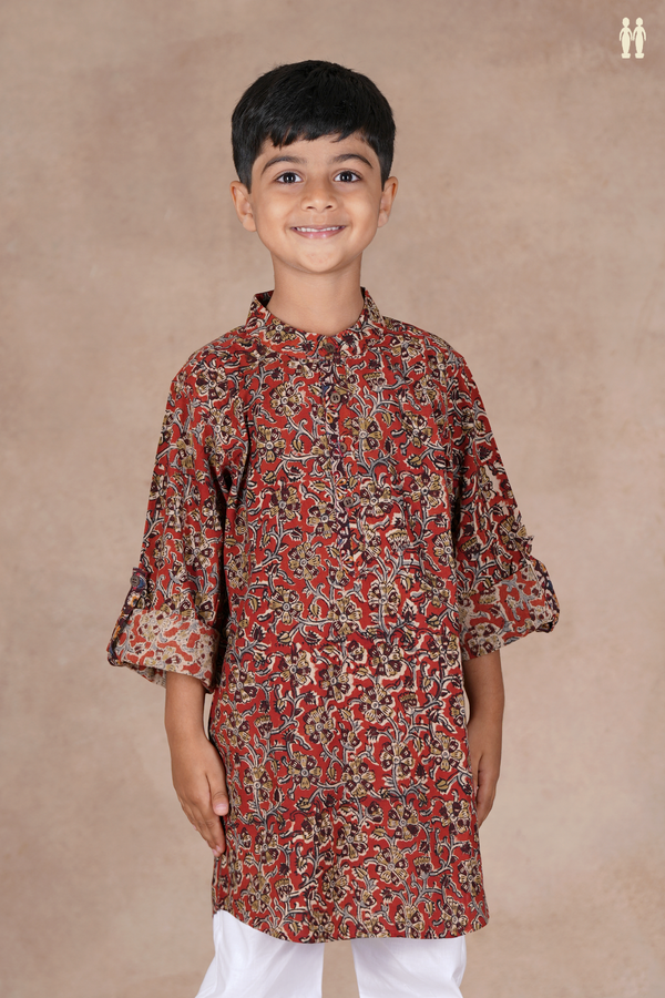 Chinese Collar Floral Design Rust Red Cotton Long Kurta