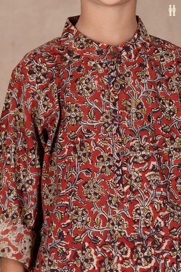 Chinese Collar Floral Design Rust Red Cotton Long Kurta
