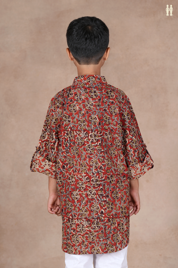 Chinese Collar Floral Design Rust Red Cotton Long Kurta