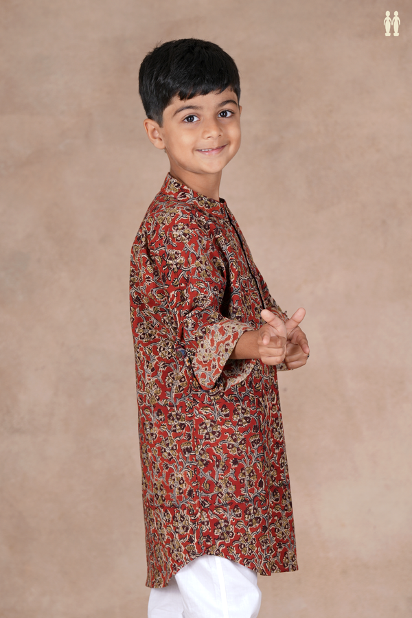 Chinese Collar Floral Design Rust Red Cotton Long Kurta